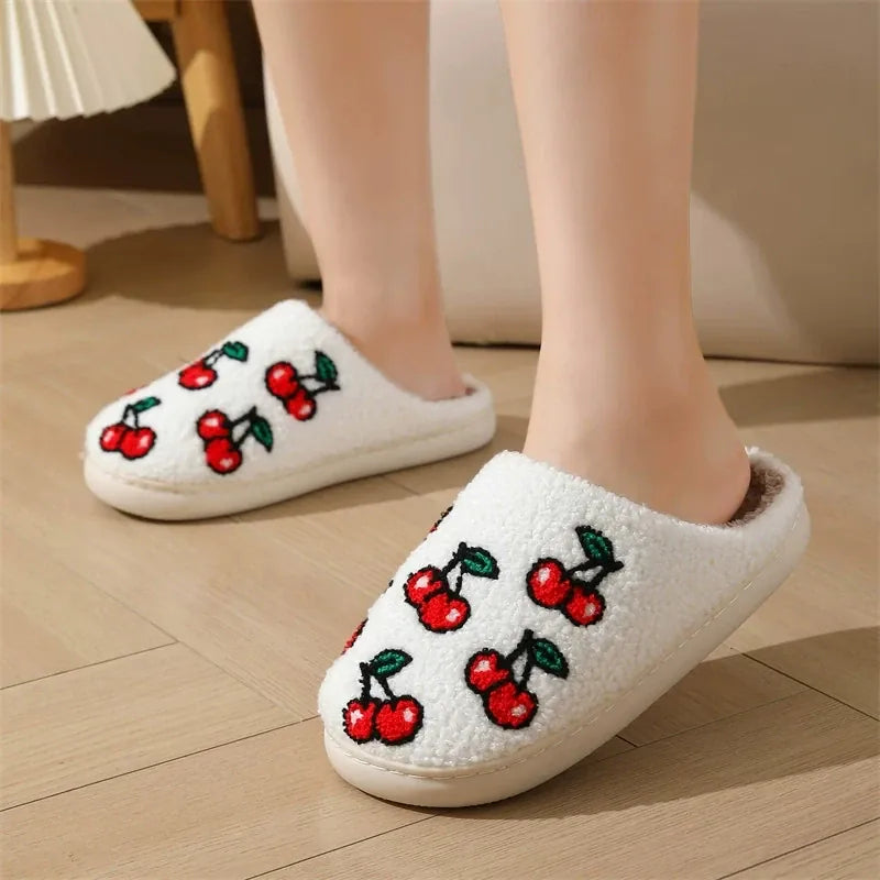 KissICON Chic Cherry Pattern Plush Slippers Women 2025 Indoor