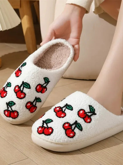 KissICON Chic Cherry Pattern Plush Slippers Women 2025 Indoor