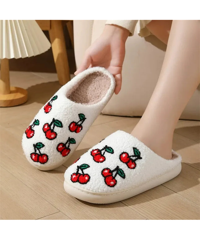KissICON Chic Cherry Pattern Plush Slippers Women 2025 Indoor