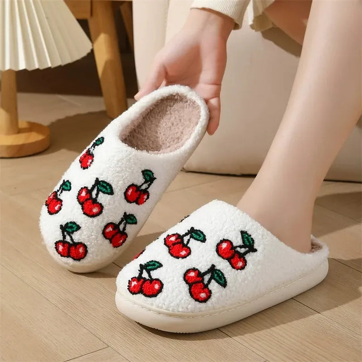 Chic Cherry Pattern Plush Slippers Women 2025 Indoor