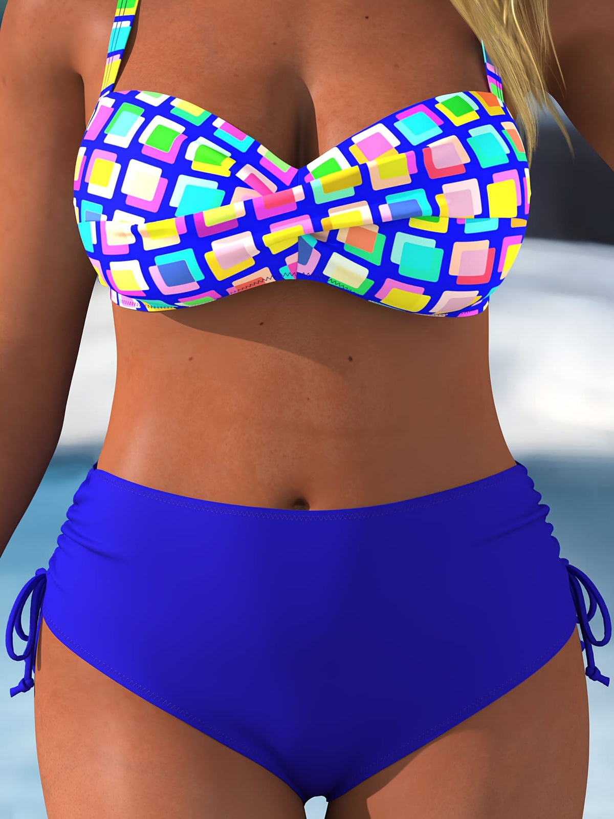 KissICON Chic Curve Square Print Highwaisted Tummy Control Bikini