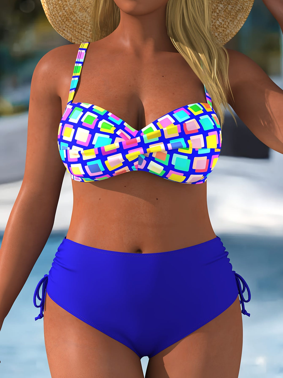 KissICON Chic Curve Square Print Highwaisted Tummy Control Bikini