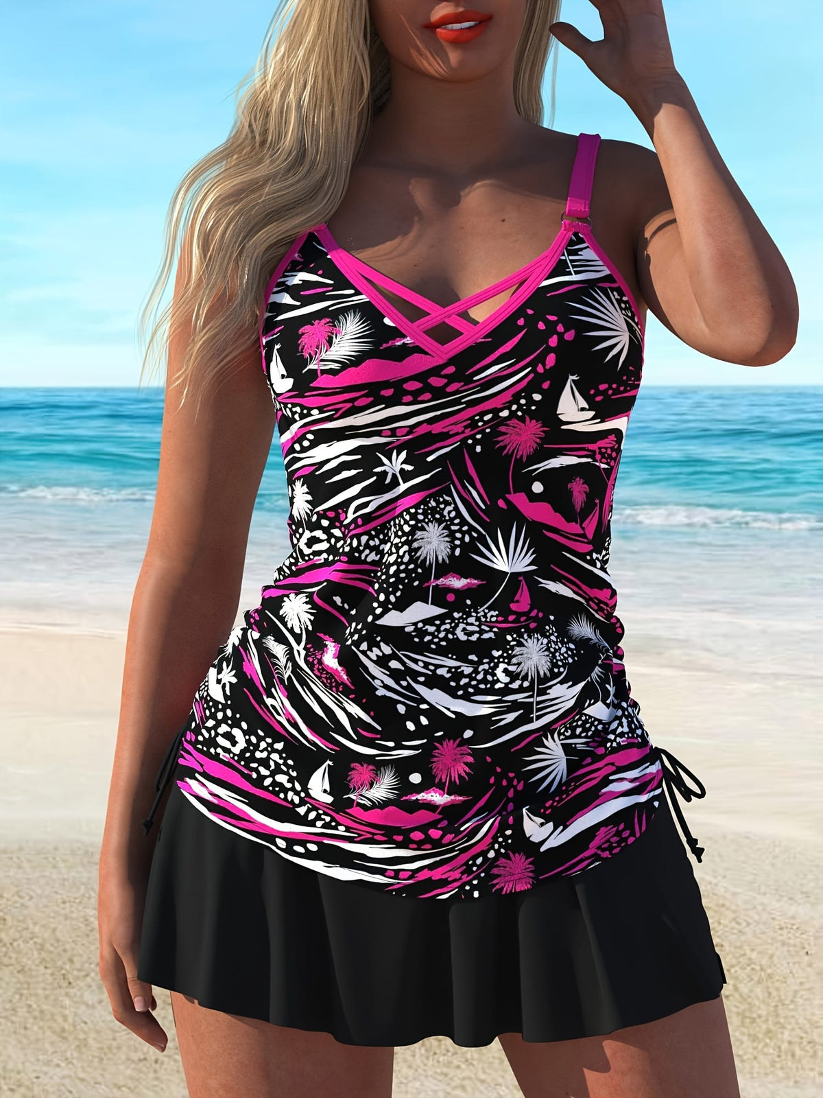 KissICON Chic Curve Swim Dress – V-Neck Crossstrap Drawstring