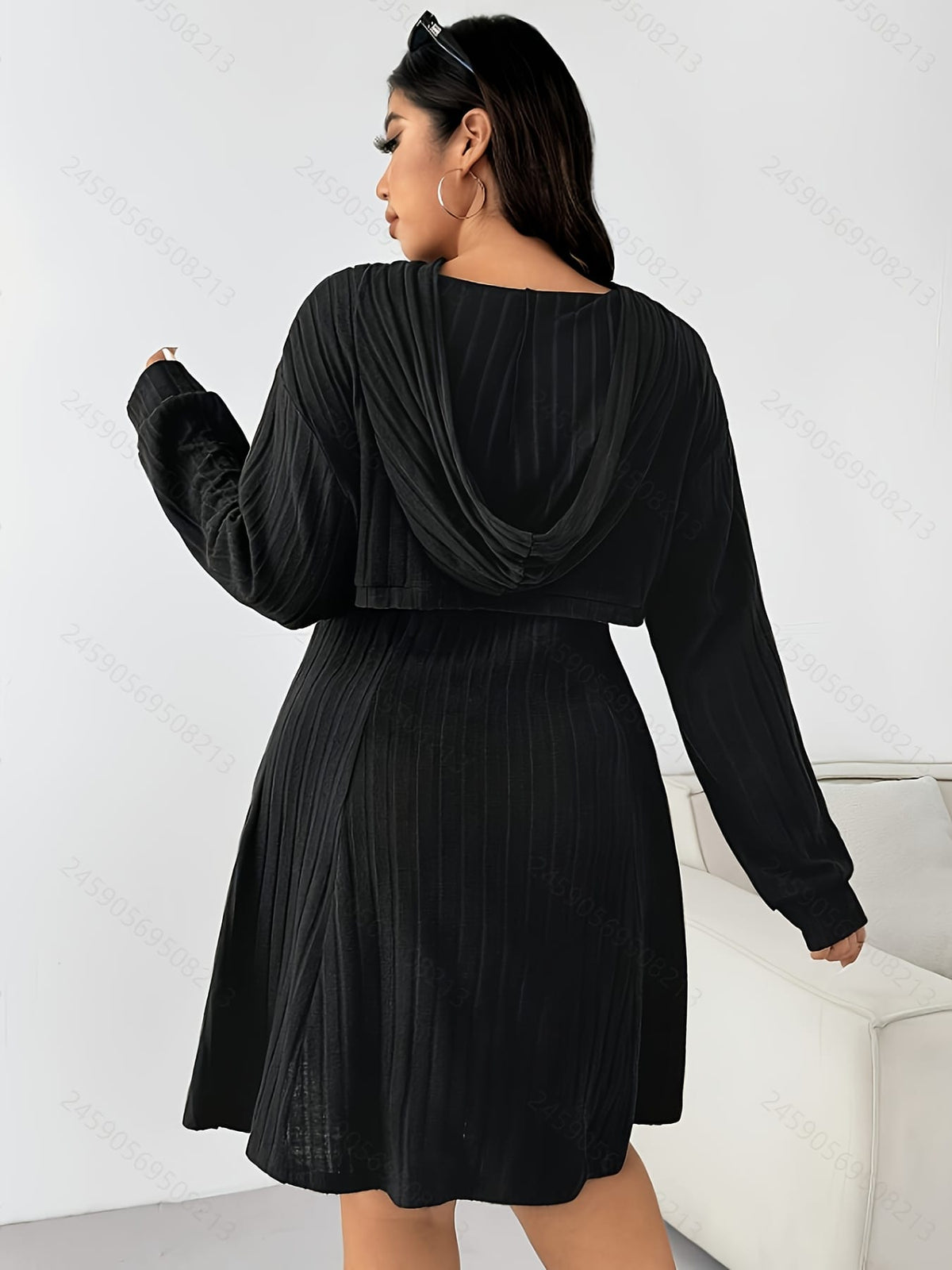 jkthpu-45 Chic Elegant Plus Size TwoPiece Set Long Sleeve Top  Ribbed Dress