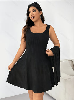 jkthpu-45 Chic Elegant Plus Size TwoPiece Set Long Sleeve Top  Ribbed Dress