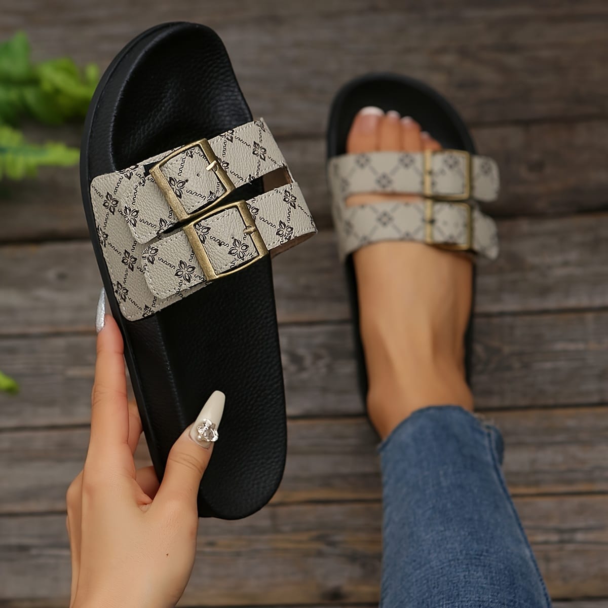 jkthpu-45 Chic Floral Double Buckle Summer Slide Sandals