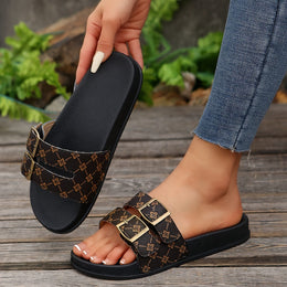 jkthpu-45 Chic Floral Double Buckle Summer Slide Sandals
