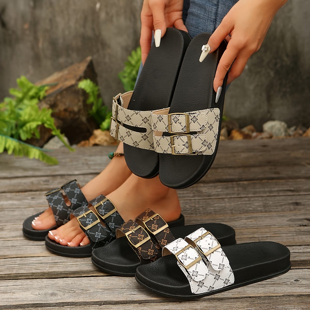 jkthpu-45 Chic Floral Double Buckle Summer Slide Sandals