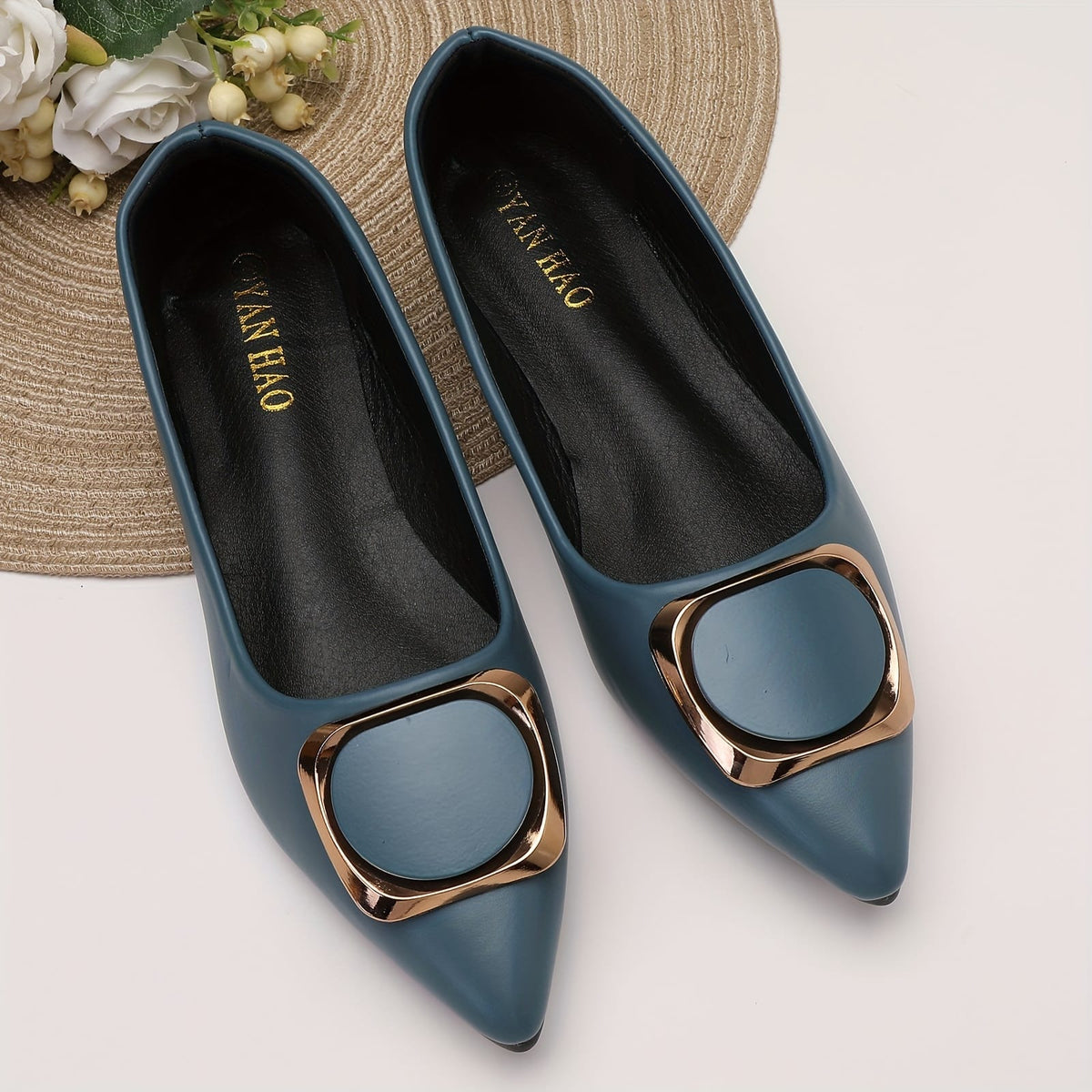 jkthpu-45 Chic Golden Accent Pointed Mary Jane Flats for Women
