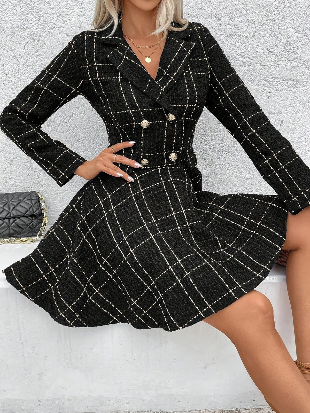 KissICON Chic Houndstooth Doublebreasted Suit Dress
