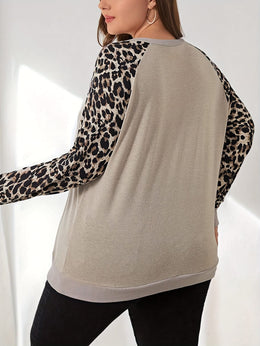 jkthpu-45 Chic Leopard Patchwork Plus Size Sweatshirt Casual Style Essential