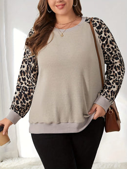 jkthpu-45 Chic Leopard Patchwork Plus Size Sweatshirt Casual Style Essential