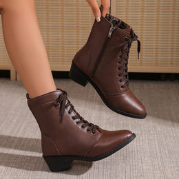 jkthpu-45 Chic MidHeel Combat Boots Velvet Lined LaceUp Side Zip