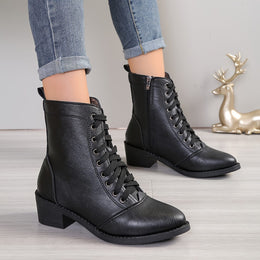 jkthpu-45 Chic MidHeel Combat Boots Velvet Lined LaceUp Side Zip