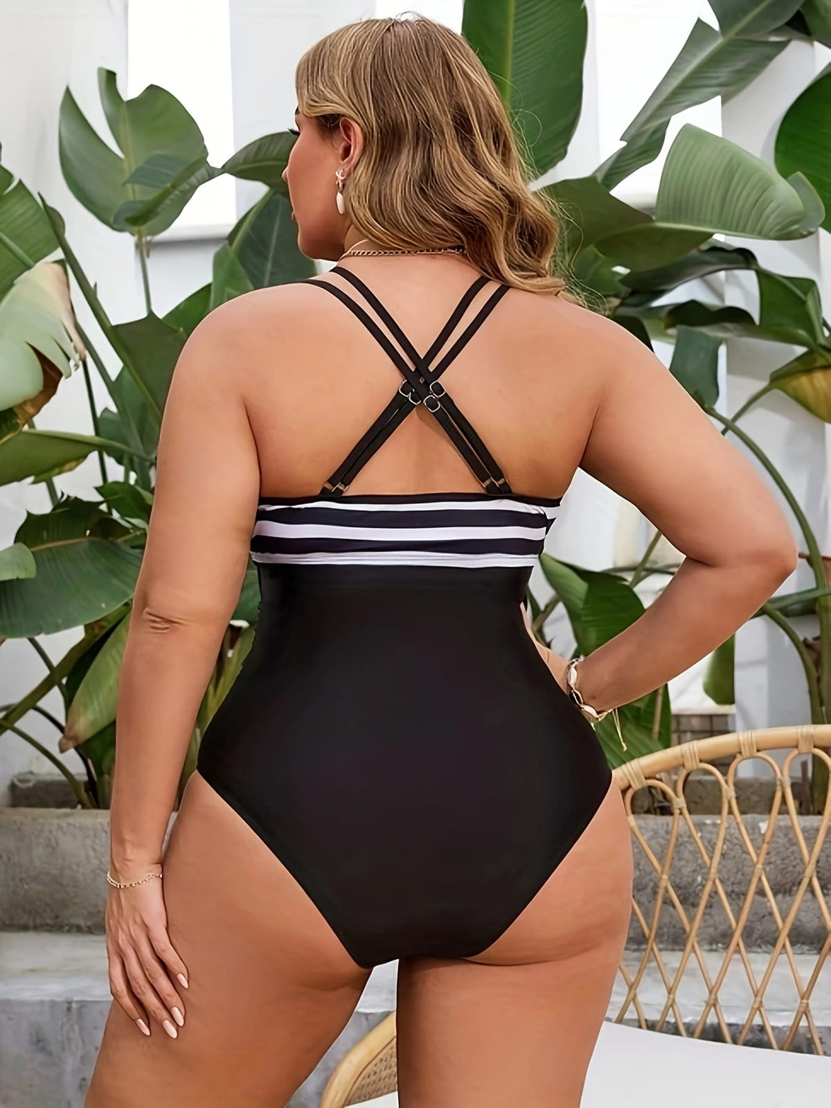 KissICON Chic Oversized Double Strap Striped Swimsuit