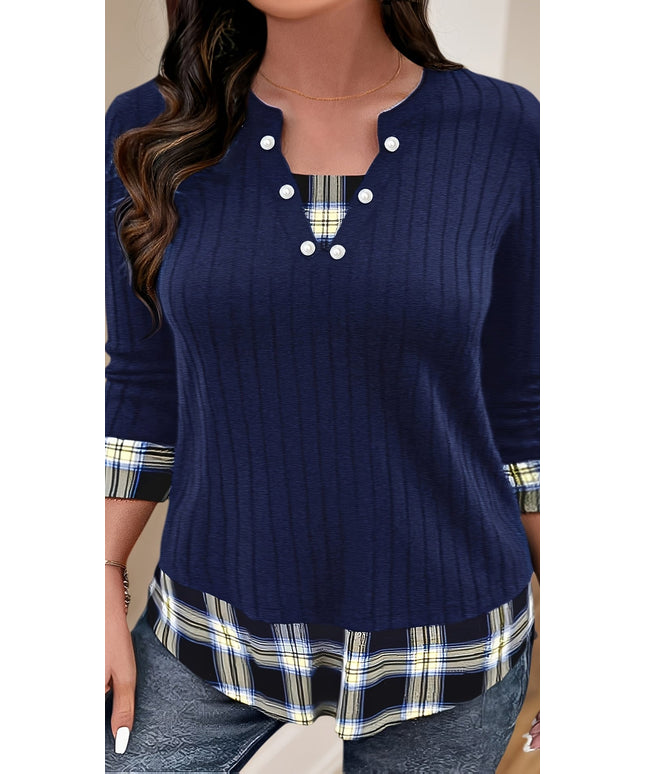 jkthpu-45 Chic Patchwork Plus Size Casual Womens Top