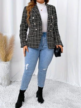 jkthpu-45 Chic Plaid DoubleBreasted Blazer for All Seasons
