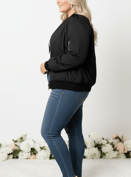 jkthpu-45 Chic Plus Size Black Bomber Jacket Machine Washable Style