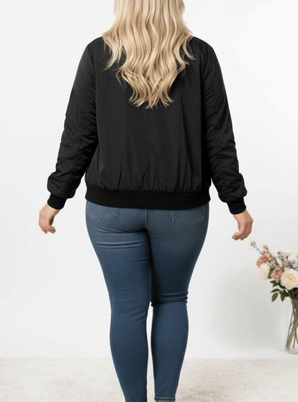 jkthpu-45 Chic Plus Size Black Bomber Jacket Machine Washable Style
