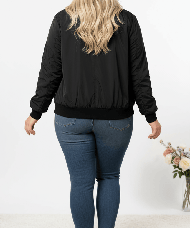 jkthpu-45 Chic Plus Size Black Bomber Jacket Machine Washable Style