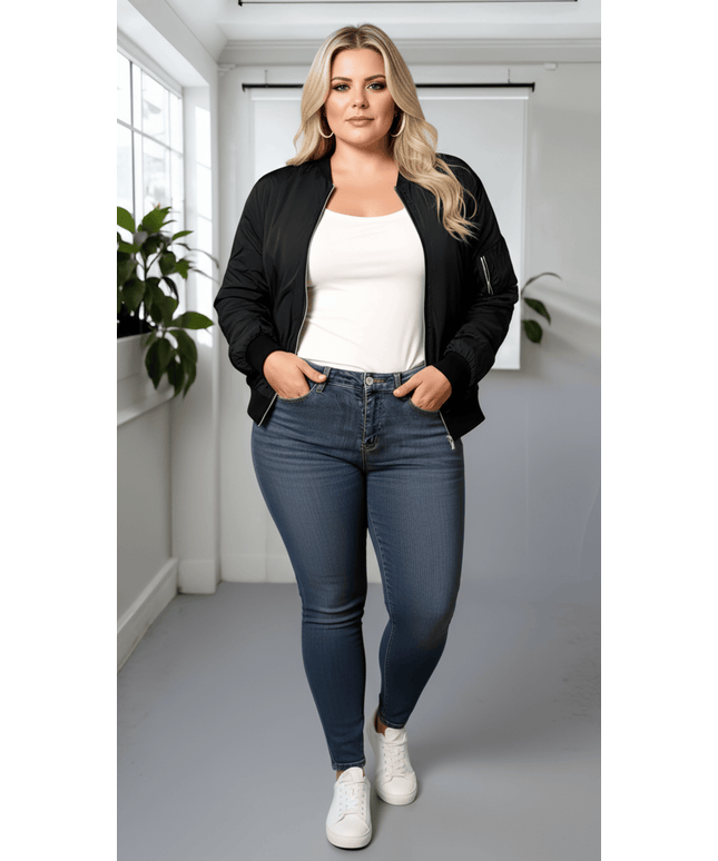 jkthpu-45 Chic Plus Size Black Bomber Jacket Machine Washable Style