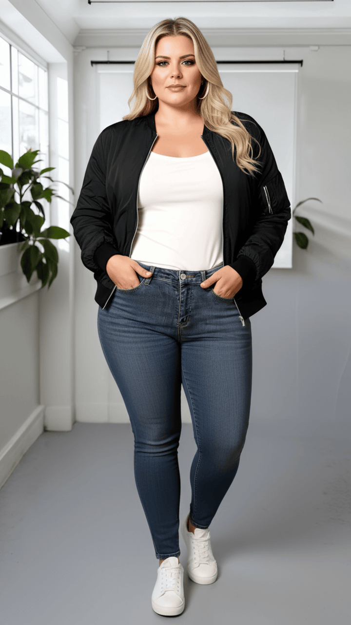 Chic Plus Size Black Bomber Jacket Machine Washable Style