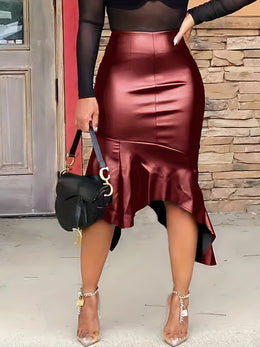 jkthpu-45 Chic Plus Size Black PU Leather Skirt  Asymmetrical High Waist