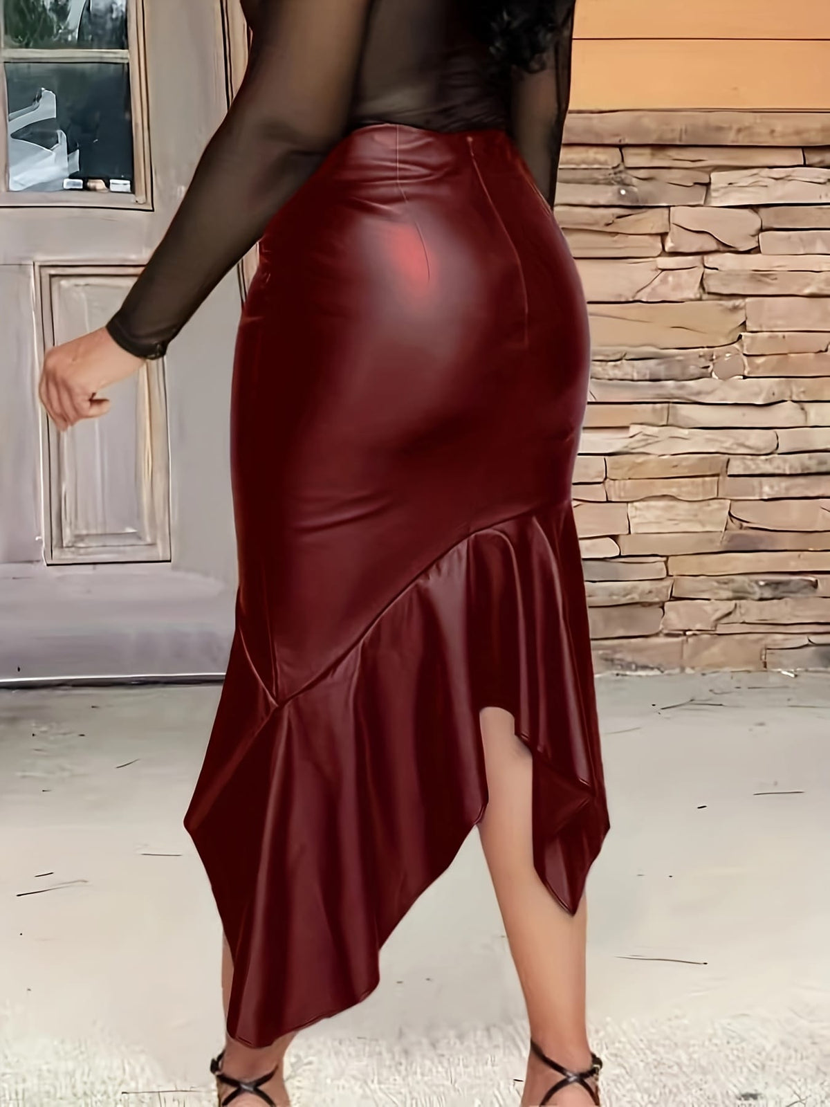 jkthpu-45 Chic Plus Size Black PU Leather Skirt  Asymmetrical High Waist
