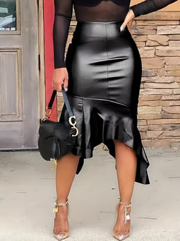 jkthpu-45 Chic Plus Size Black PU Leather Skirt  Asymmetrical High Waist