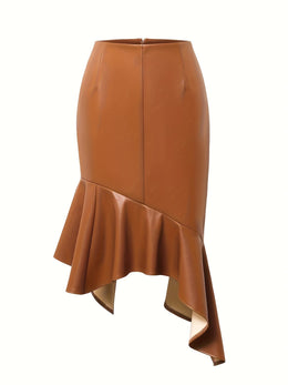 jkthpu-45 Chic Plus Size Black PU Leather Skirt  Asymmetrical High Waist