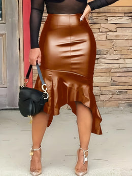 jkthpu-45 Chic Plus Size Black PU Leather Skirt  Asymmetrical High Waist