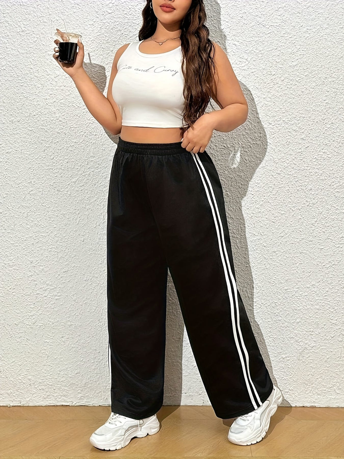 jkthpu-45 Chic Plus Size Black Stripe Straight Leg Trousers