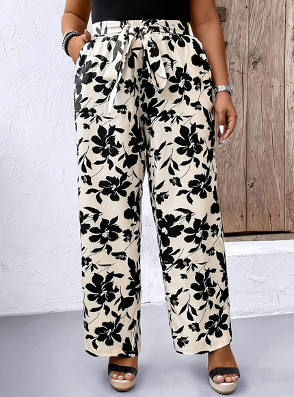 jkthpu-45 Chic Plus Size Black  White Print Loose Vacation Trousers