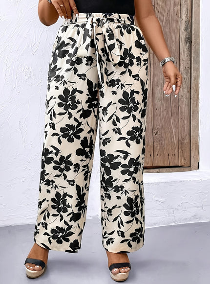 jkthpu-45 Chic Plus Size Black  White Print Loose Vacation Trousers