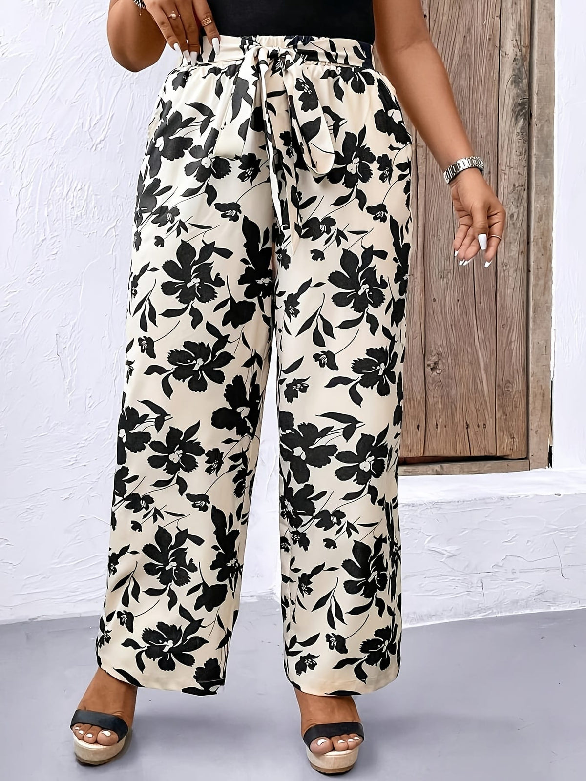 jkthpu-45 Chic Plus Size Black  White Print Loose Vacation Trousers