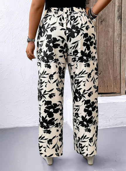 jkthpu-45 Chic Plus Size Black  White Print Loose Vacation Trousers