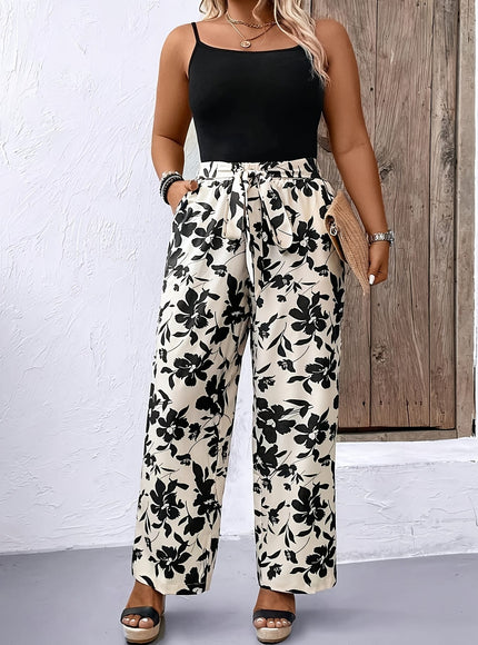 jkthpu-45 Chic Plus Size Black  White Print Loose Vacation Trousers