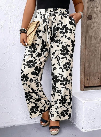 jkthpu-45 Chic Plus Size Black  White Print Loose Vacation Trousers