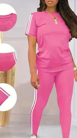 jkthpu-45 Chic Plus Size Casual Short Sleeve Long Pants Set