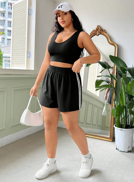jkthpu-45 Chic Plus Size Color Block Striped Casual Summer Shorts