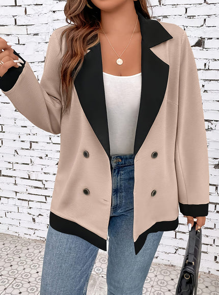 jkthpu-45 Chic Plus Size DoubleBreasted Blazer BeigeBlack Contrast