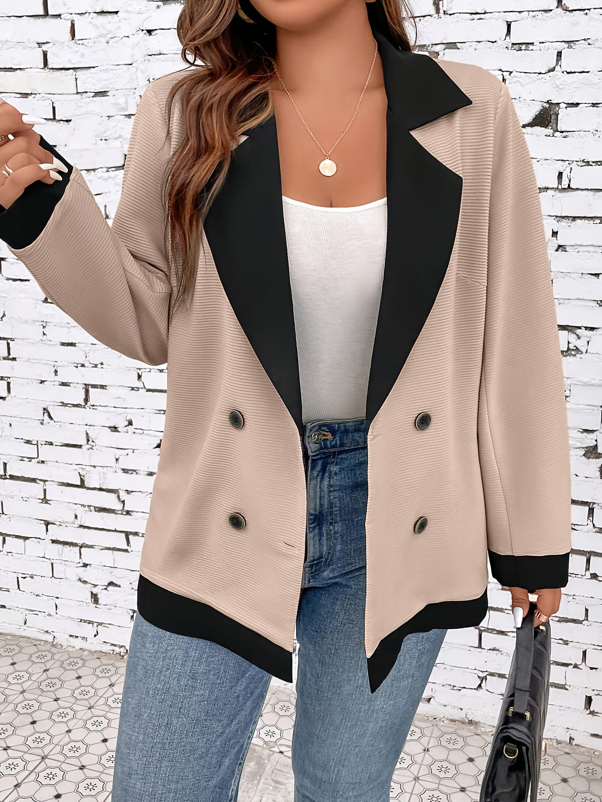 jkthpu-45 Chic Plus Size DoubleBreasted Blazer BeigeBlack Contrast