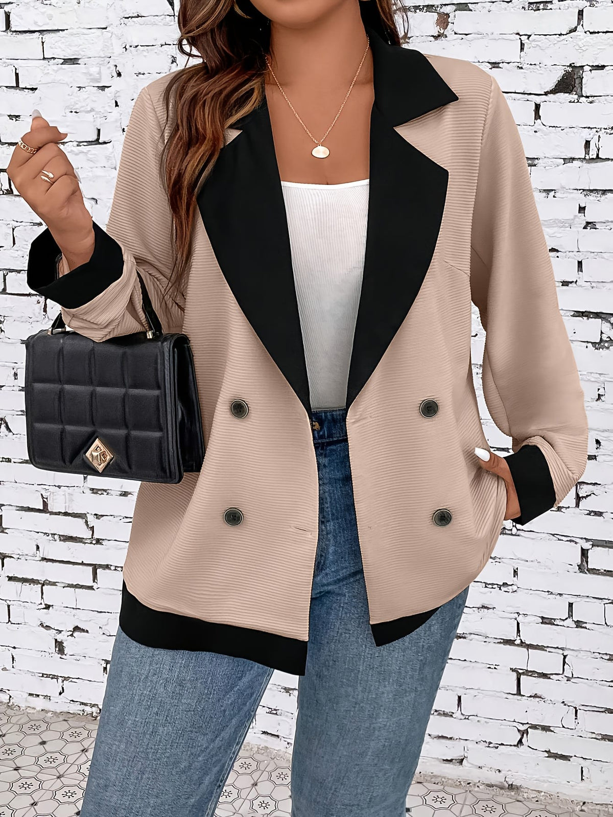 jkthpu-45 Chic Plus Size DoubleBreasted Blazer BeigeBlack Contrast