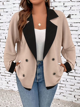 jkthpu-45 Chic Plus Size DoubleBreasted Blazer BeigeBlack Contrast
