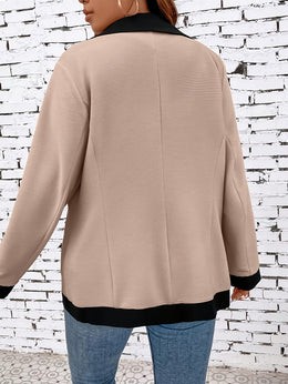 jkthpu-45 Chic Plus Size DoubleBreasted Blazer BeigeBlack Contrast