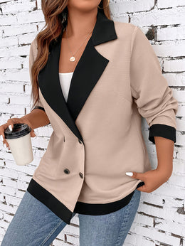 jkthpu-45 Chic Plus Size DoubleBreasted Blazer BeigeBlack Contrast