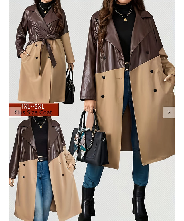 jkthpu-45 Chic Plus Size Elegant Belted Trench Coat Color Block Style