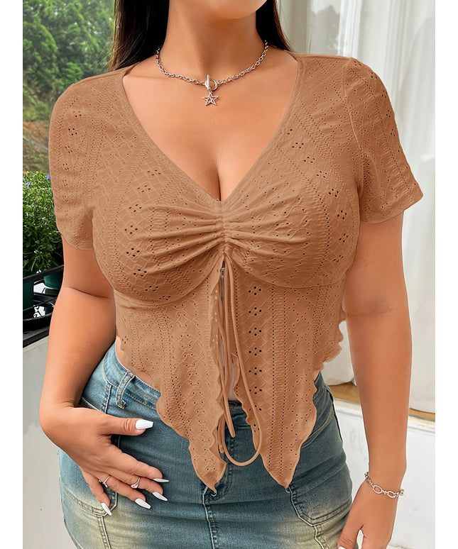 jkthpu-45 Chic Plus Size Elegant Drawstring Casual Top