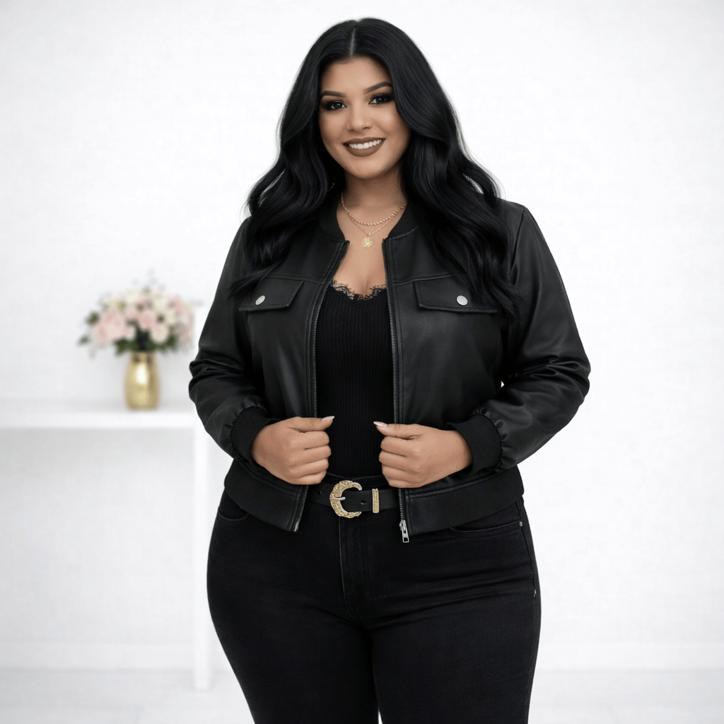 KissICON Outerwear Chic Plus Size Faux Leather Bomber Jacket for Fall