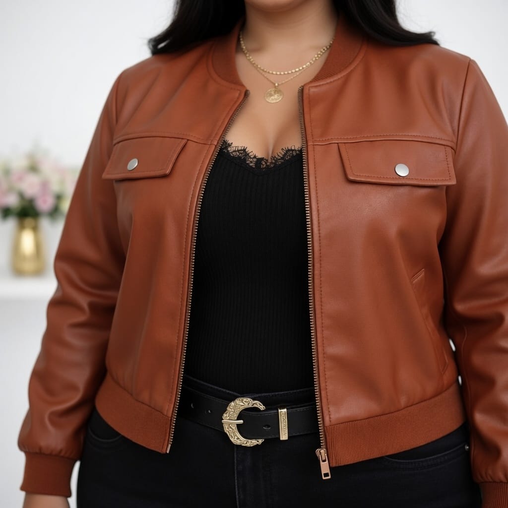 KissICON Outerwear Chic Plus Size Faux Leather Bomber Jacket for Fall